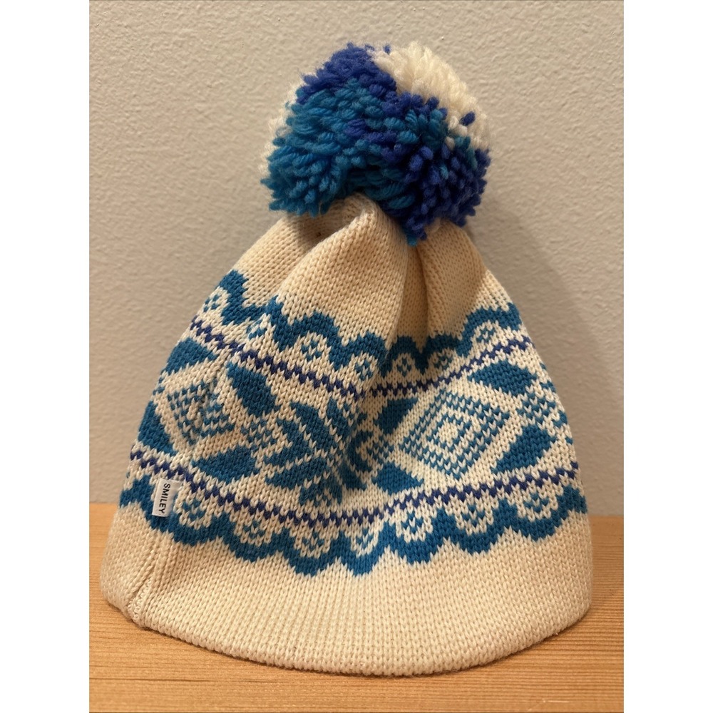 Vintage Smiley Hat Wool Ski Hat Blue‎ White Beanie